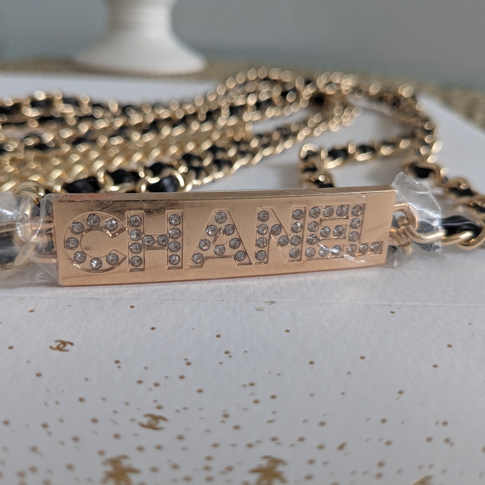 CHANEL Black and Gold Chain Belt with Crystal Logo Plaque - Picture 6 of 8